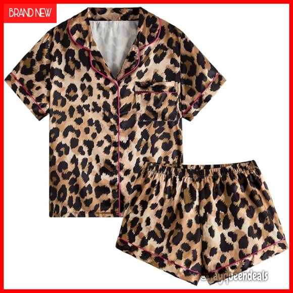 Satin Pajama Set Leopard Print Button Front Shirt Shorts Sleepwear
